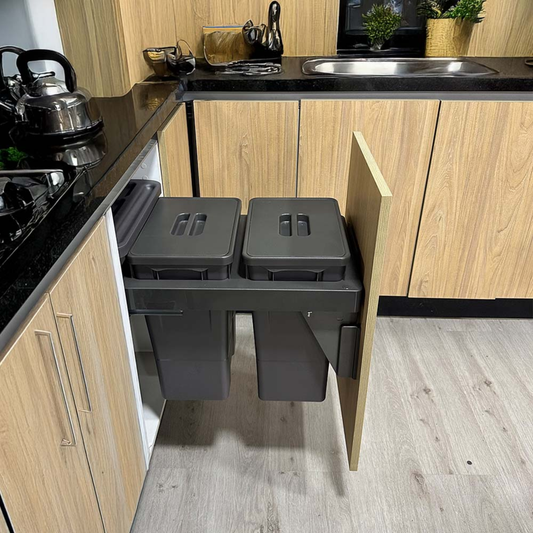 Basurero Reciclaje 2 contenedores antracita (36 litros) FRENTE DE MADERA