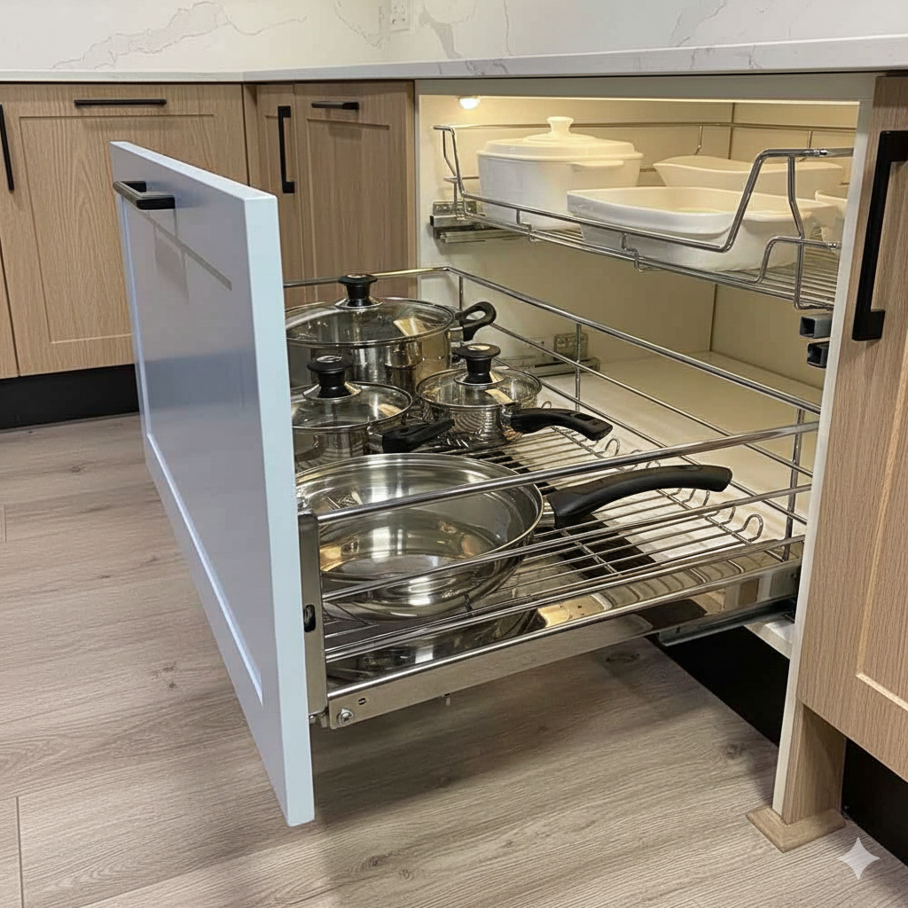 Cesta Cromada Cierre Suave Frente Madera