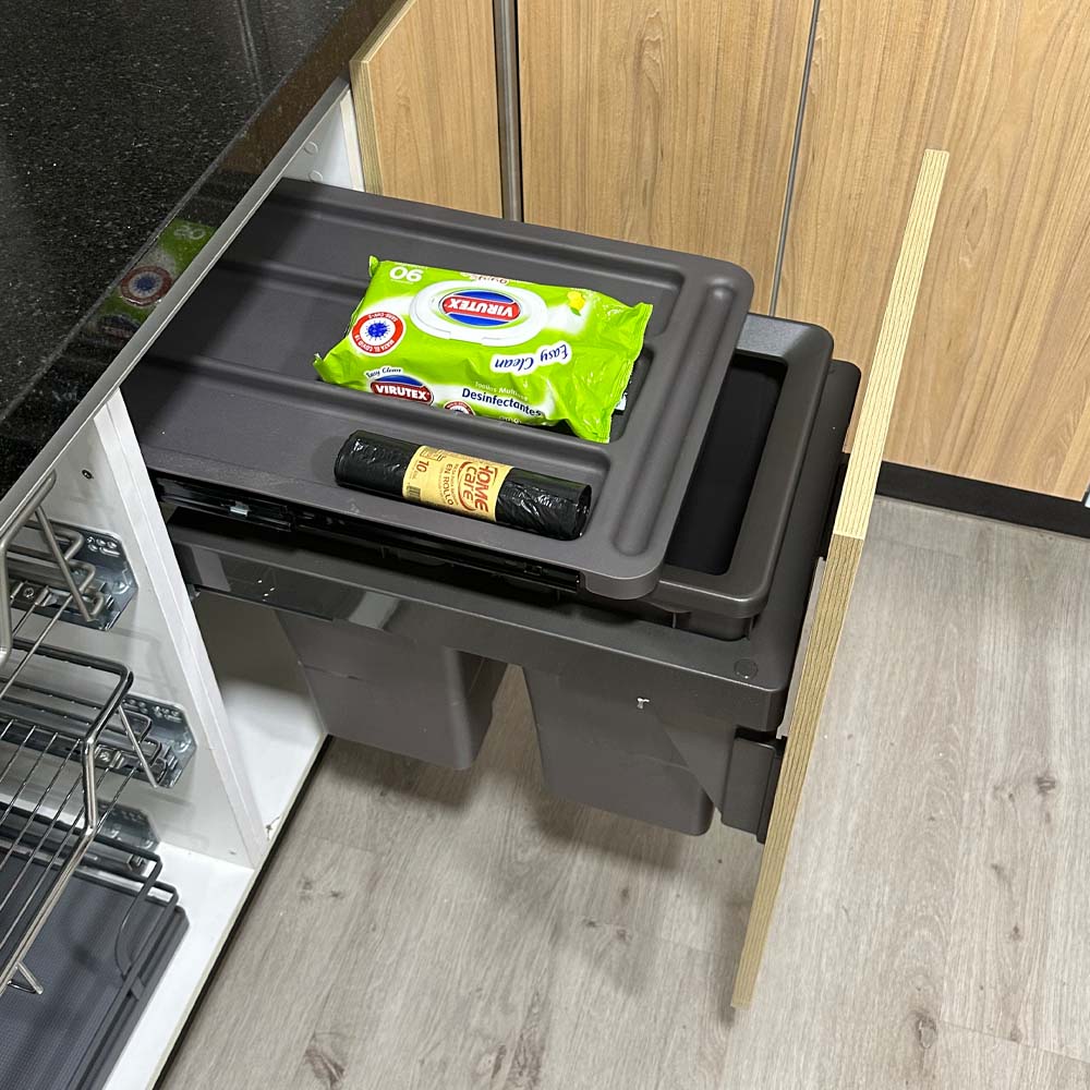 Basurero Reciclaje 2 contenedores antracita (36 litros) FRENTE DE MADERA