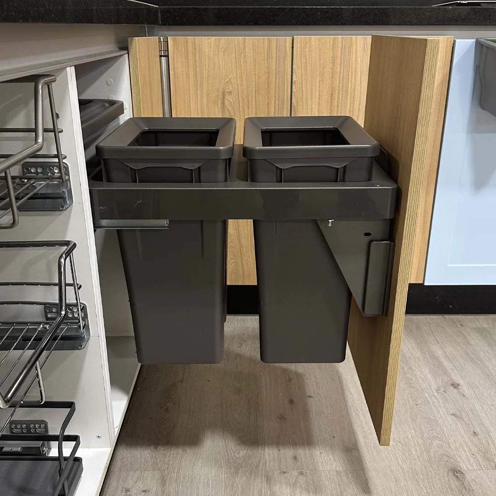 Basurero Reciclaje 2 contenedores antracita (36 litros) FRENTE DE MADERA